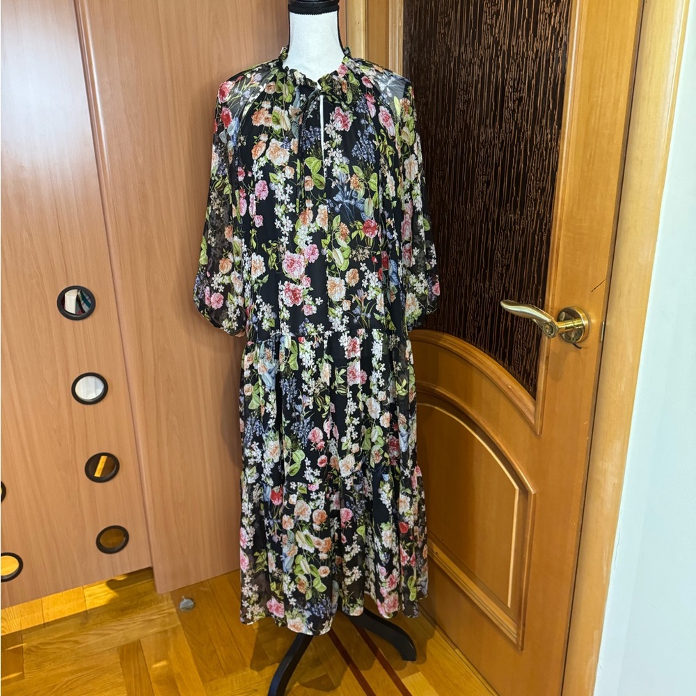 Zara floral  multicolor maxi dress v neck Ruched floating dress Sz XL